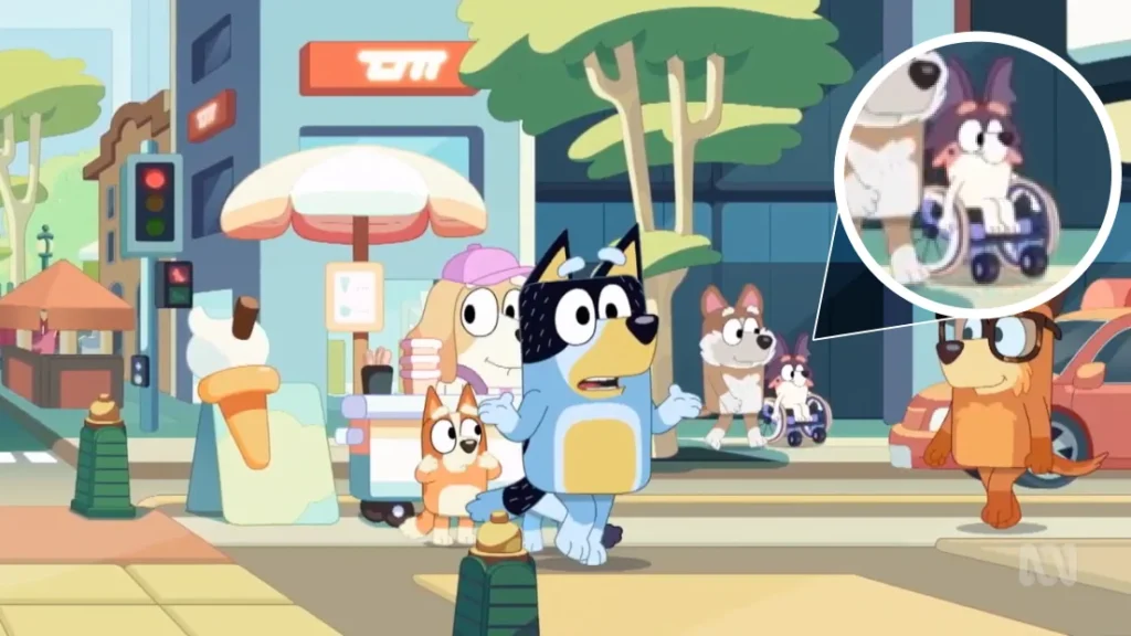 Child in wheelchair in Bluey episode The Quiet Game